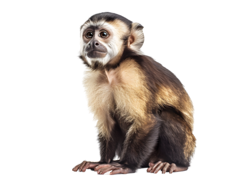 Capuchin monkey (Simia apella), on the branch of the tree holding it with the hands and looking to the side. Alone