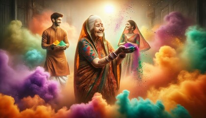 
An elderly smiling woman in traditional Indian sara, sprinkles colored paints on the youth,surrounded by a cloud from colored paints.Colorful, Joyful Celebration of Holi Festival - obrazy, fototapety, plakaty