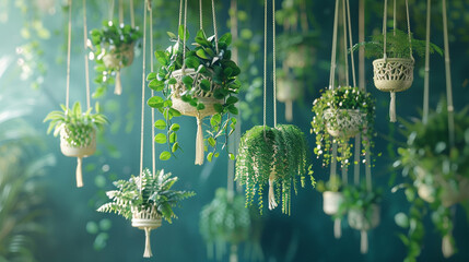 A cluster of macrame plant hangers suspended from the ceiling, each one cradling a lush green fern or trailing vine. - obrazy, fototapety, plakaty