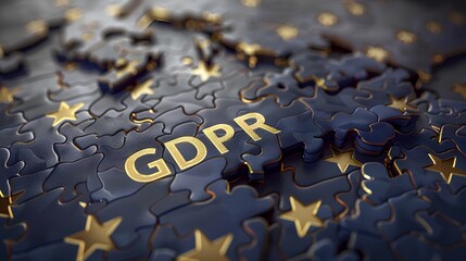 GDPR concept, acronym GDPR displayed over a stylized map divided into interlocking puzzle pieces, symbolizing the interconnected nature of data protection regulations across different regions. - obrazy, fototapety, plakaty