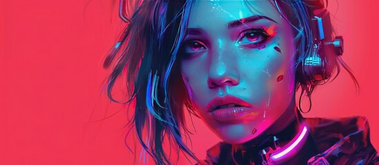 Close-up model of trendy night woman's face with neon glow lights AI generated image