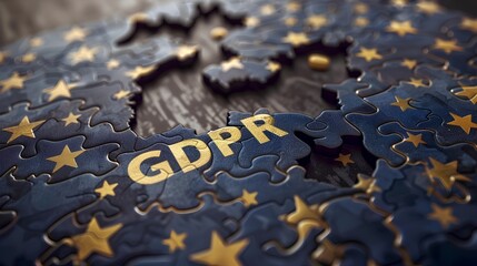 GDPR concept, acronym GDPR displayed over a stylized map divided into interlocking puzzle pieces, symbolizing the interconnected nature of data protection regulations across different regions. - obrazy, fototapety, plakaty