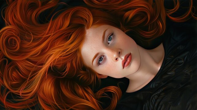 Concept of a woman lying down with long beautiful flowing red hair AI generated image