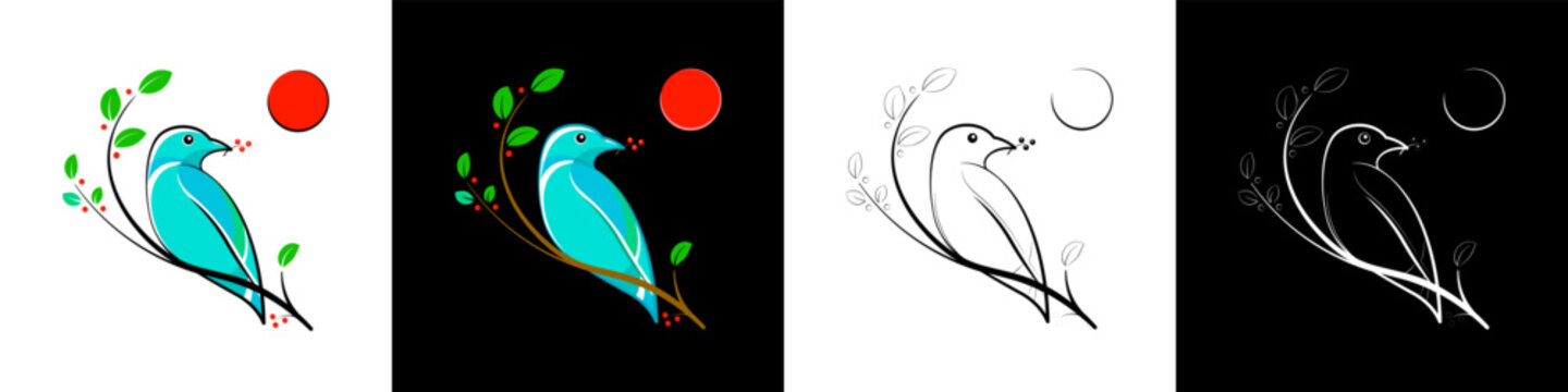 Little blue bird perched on a branch with leaves. Set. 4 versions of vector illustration: black and white background, contour and colored. Perfect as a sticker, logo, icon, symbol or tattoo.