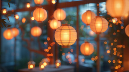 A cluster of paper lanterns suspended from the ceiling, casting a soft, diffused light that bathes the room in a tranquil glow. - Powered by Adobe