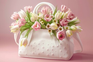 charming feminine concept with a white womens bag and colored flowers