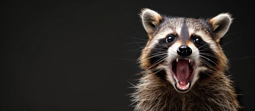 Raccoon animal character expression surprised on black background, copy space AI generated image