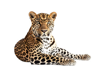 Fototapeta premium Portrait of leopard standing a looking away proudly, Panthera pardus, against white background