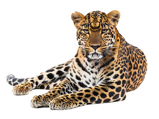 Portrait of leopard standing a looking away proudly, Panthera pardus, against white background