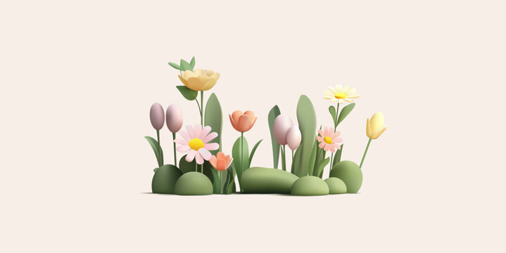 3d illustration of spring flowers on grass field, daisy and tulips on green grass. Cartoon render modern style