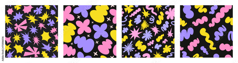 Poster Abstract set seamless patterns with colorful retro groovy shapes on a black background. Vector illustration in style 90s, 00s
