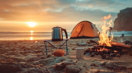 Coffee pot on camping fire, tent, folding chair table. Morning mist view on the beach background of campfire - obrazy, fototapety, plakaty