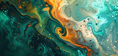 Abstract turquoise and marigold paint patterns unfolding in a cascade of creativity