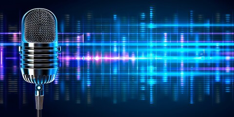 Slick audio microphone against a futuristic blue soundwave backdrop with ample for text copyspace