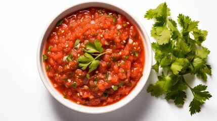 tomato sauce with basil, Classic homemade Italian tomato sauce with basil for pasta and pizza in the pan on a wooden chopping board on brown background, top view