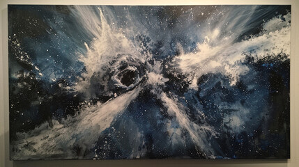 Cosmic explosion on metallic canvas, dynamic blue.