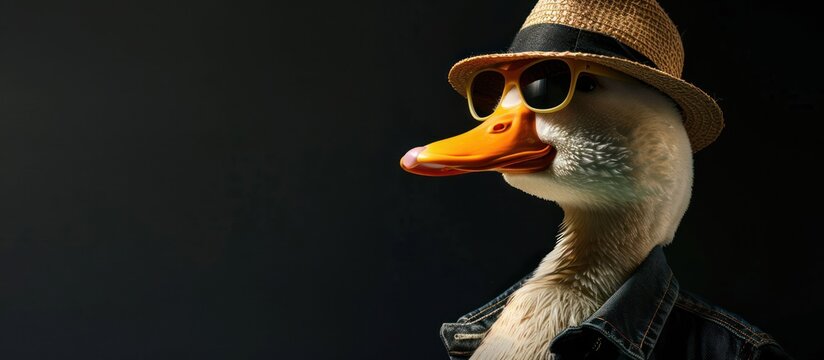 The duck model wears glasses with a round hat on a black background copy space AI generated image