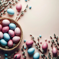 Easter eggs in a wicker basket: pink, purple, blue, shiny with willow twigs - obrazy, fototapety, plakaty
