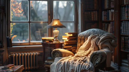 A cozy reading corner bathed in soft lamplight, complete with a plush armchair and a stack of beloved novels. - obrazy, fototapety, plakaty