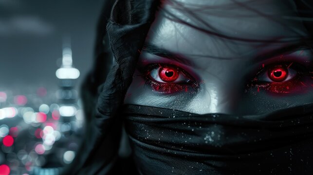 A mysterious and dangerous female ninja with a red-eyed face covering AI generated image