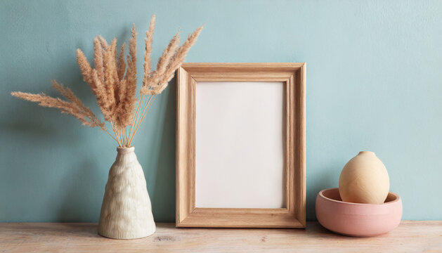 Mock up of empty wooden picture frame, decorative vases, pastel blue wall