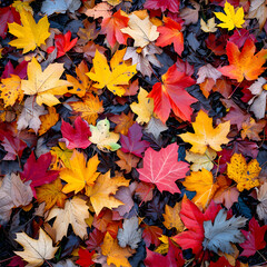 Naklejka na ściany i meble Seamless texture and background of colorful fallen autumnal leaves. Neural network generated image. Not based on any actual scene or pattern.