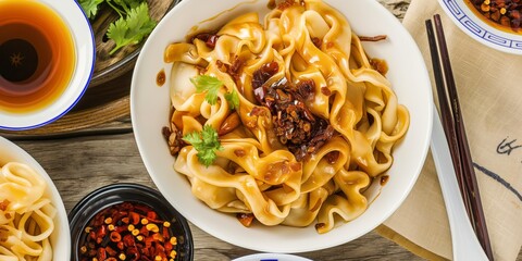 Biang Biang noodles -Thick, broad, hand-pulled noodles seasoned with chilli, garlic and Sichuan pepper, Xi’an Biang Biang noodles offer a delectable taste and texture