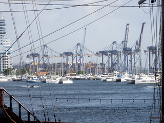 View of the cranes in the port of Cartagena. Columbia
