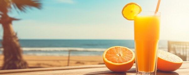 A glass of freshly squeezed orange juice stands on a wooden table in an outdoor cafe in the fresh air on the seashore on a sunny day, a summer refreshing drink for a diet and a healthy lifestyle - obrazy, fototapety, plakaty