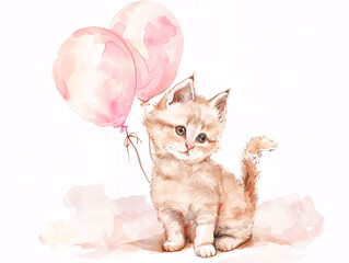 Watercolor Drawing of Cute Kitten with Balloon Colorful Illustration isolated on white background...