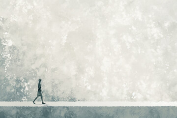 person silhouette walking the path, life concept painting, surreal and mysterious drawing  