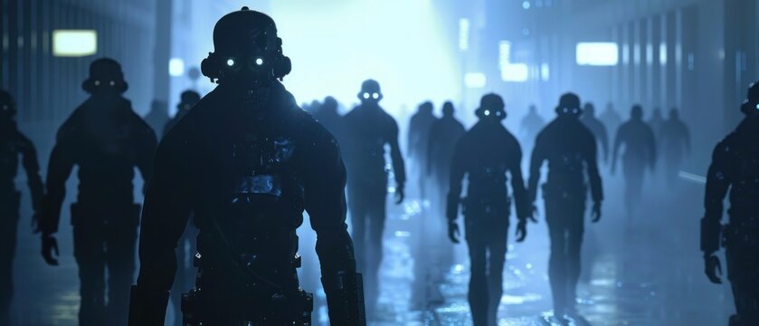 An army of scary mysterious black robot soldiers walks in the middle of the city AI generated image