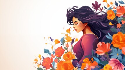 woman with flowers, Watercolor young woman with flowers portrait art