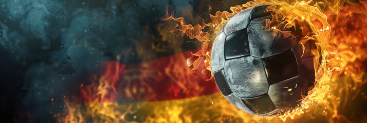 Burning soccer ball in the flames with the black, red and yellow Germany flag colors. Concept of 2024 UEFA European Football Championship, UEFA Euro 2024. - obrazy, fototapety, plakaty