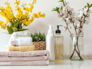Fototapeta na wymiar Serene Spa Setting with Fresh Towels and Spring Blossoms