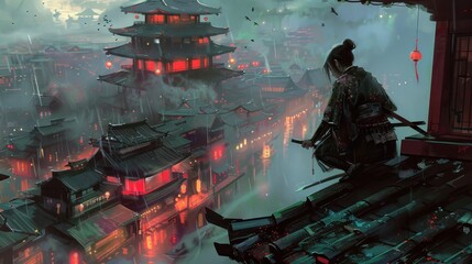 Japanese female ninja character standing on roof tiles spying on enemies below AI generated image - obrazy, fototapety, plakaty