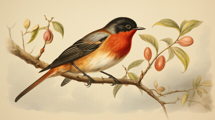 Red Breasted Flycatcher Hand Colored Engraving