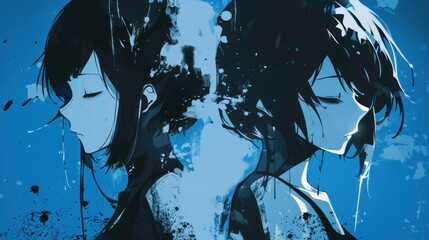 Style of two black and white anime girls on a blue background AI generated image