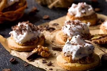Nut cookies. Homemade shortbread cookies with meringue. On the pastry table.