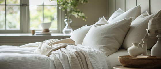 Fototapeta na wymiar Cozy Bedroom Interior with Crisp White Linen and Natural Light
