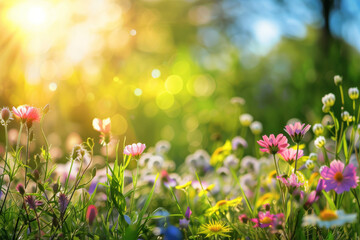 Vibrant Spring Meadow with Blooming Flowers and Sunlight