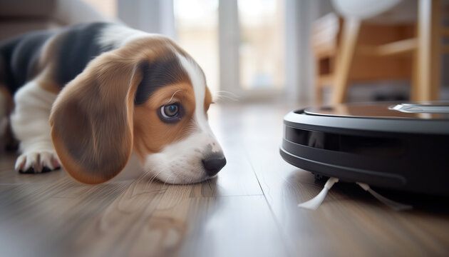 Cute purebred beagle puppy dog portrait on the living room laminate discovers modern vacuum cleaner robot smart device while it cleaning floor. Allergy prevention during home pets Fur Moulting concept