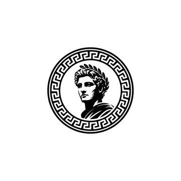 Mascot icon illustration of bust of an ancient Roman emperor, senator or Caesar, ruler of the Roman Empire during the imperial period wearing crown of laurel leaves on isolated background retro style