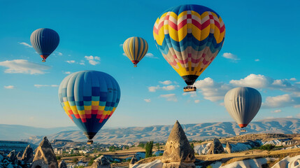 Colorful hot air balloons over Cappadocia, fairy chimneys dotting the landscape - obrazy, fototapety, plakaty