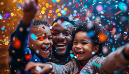  Portrait of dad and sons African Americans happy hugging together under confetti rain on birthday party. They smiling and laughing at camera. Family values, childhood time and party concept - obrazy, fototapety, plakaty