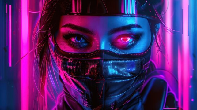 Dangerous mysterious cyberpunk female ninja character with mouth covering AI generated image