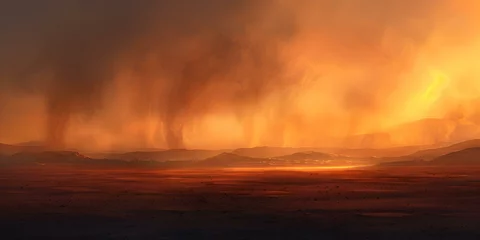 Foto op Aluminium Majestic Martian landscape: red sands, Olympus Mons, shadows, dust storm at sunset. Concept Mars Exploration, Red planet landscape, Olympus Mons, Martian Shadows, Dust Storm at Sunset © Ян Заболотний