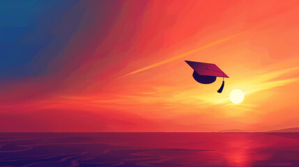 Fototapeta na wymiar Vibrant Sunset Sky with Silhouette of Graduation Cap