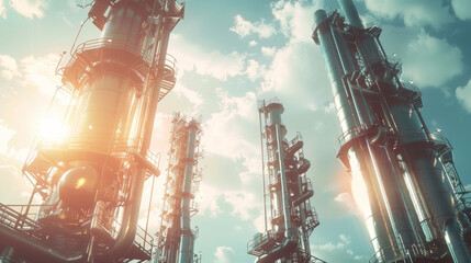 view from the ground up of towering silver industrial distillation columns at a petrochemical plant...