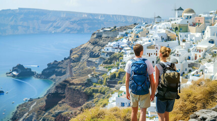 Hikers overlooking the caldera from Santorini, white buildings contrasting the blue sea - obrazy, fototapety, plakaty